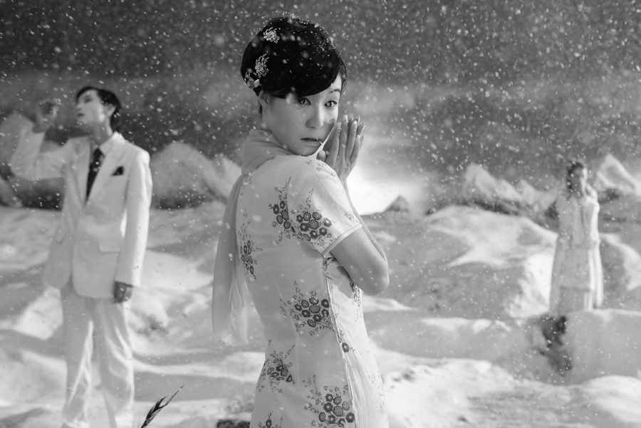 Authentic black-and-white staged cinematic
